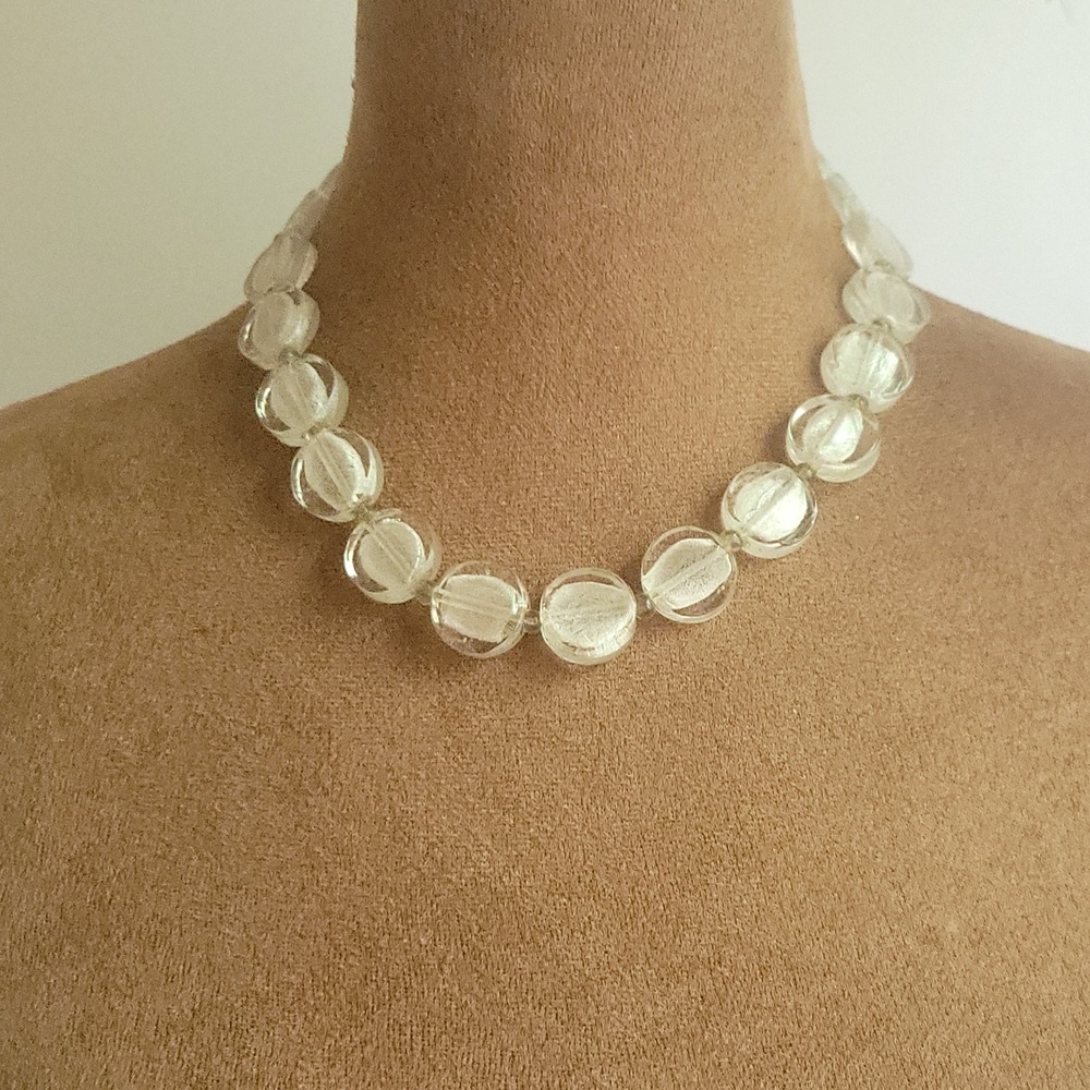 Vintage White Foil Clear Glass Bead Toggle Necklace 16 Inch Ethereal
